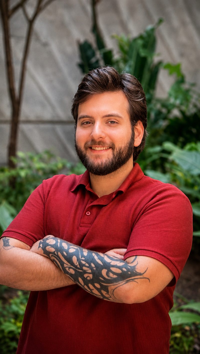 Victor Luz, de braços cruzados, em frente a uma parede de concreto com vegetação